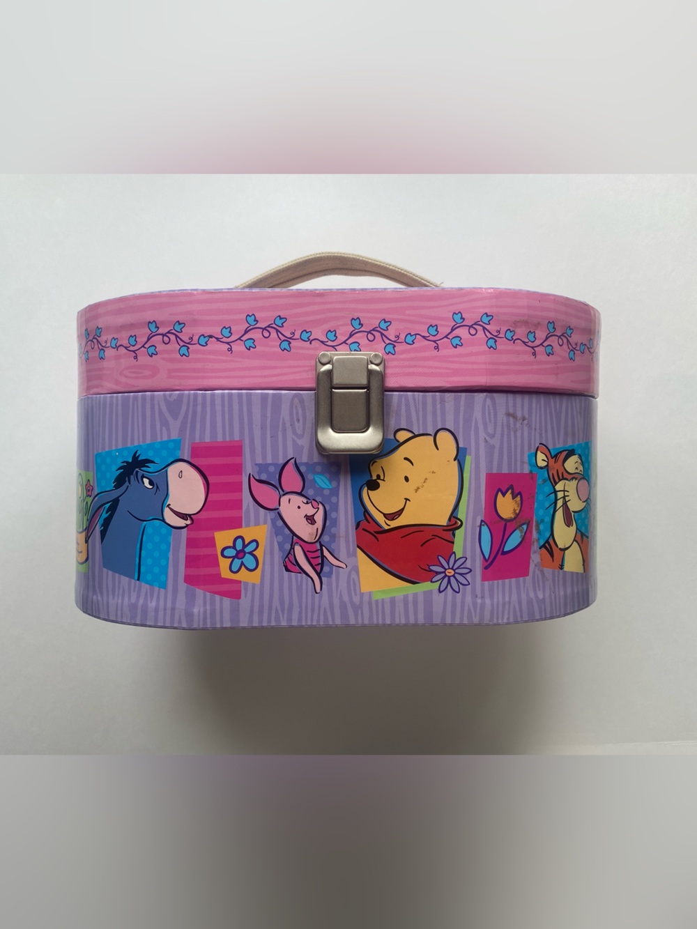 Vintage Disney Winnie the Pooh Pink & Purple Metal Latch Tin Case Trunk Storage